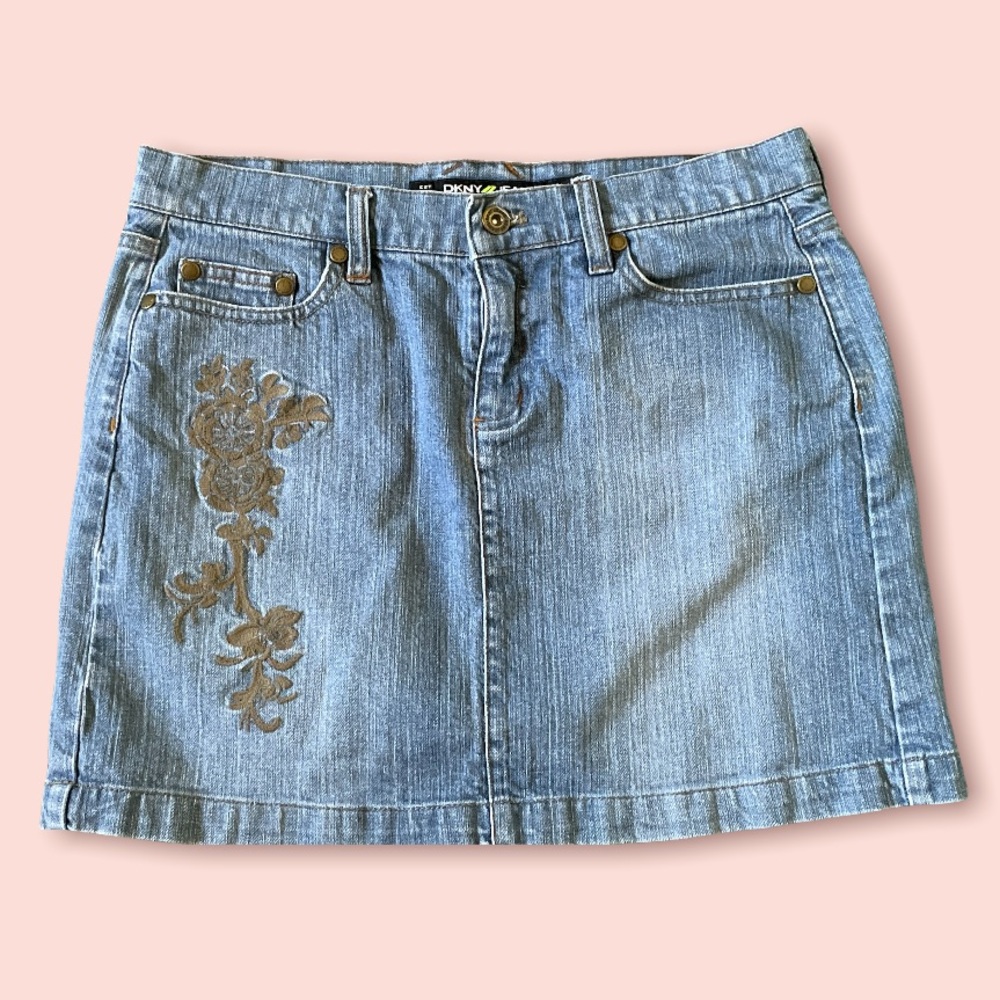 DKNY Denim Flower Embroidery Skirt